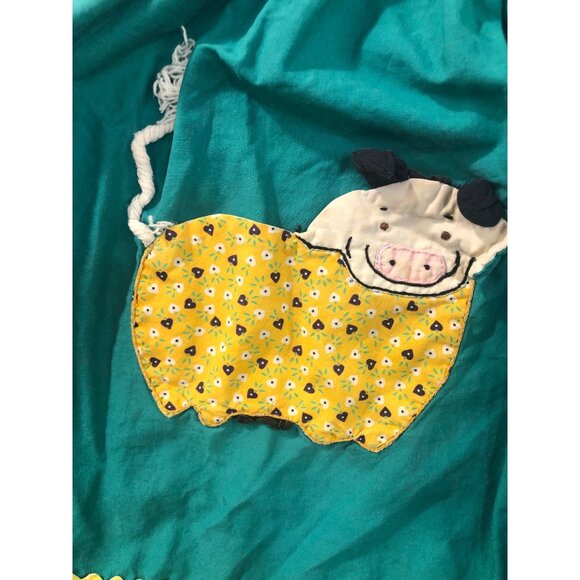 Half Apron Green Cow Pocket Yellow Homemade Countrycore Granny Cottagecore Vtg - Picture 2 of 4